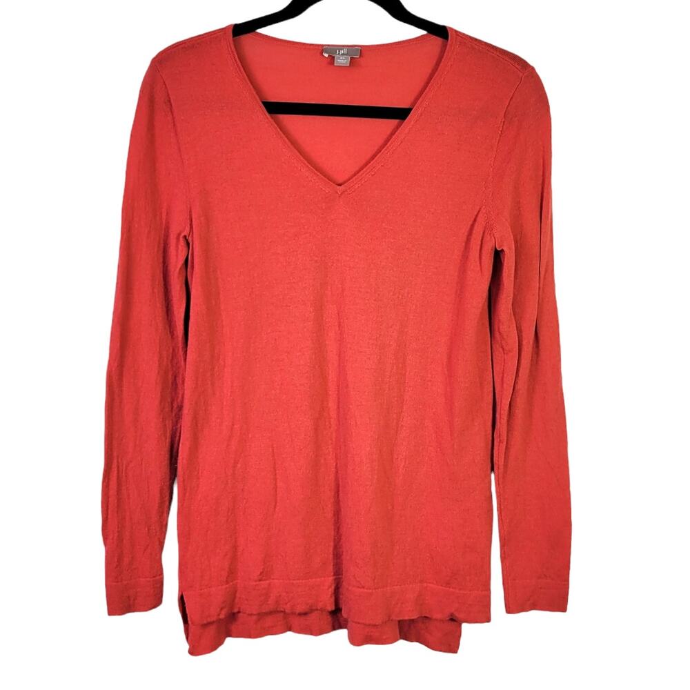 J Jill Sweater Women's XS Coral Red Merino Wool V Neck Classic Winter Wardrobe